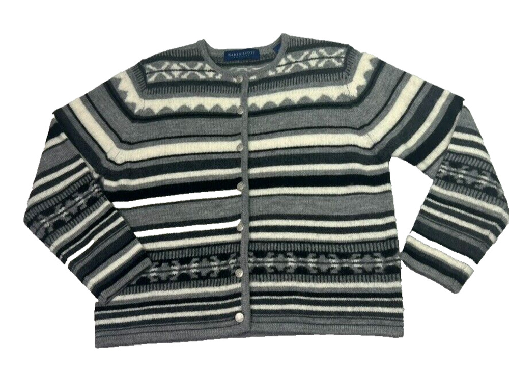 KAREN SCOTT Cardigan Sweater Women PL Wool Striped Aztec Pattern Button